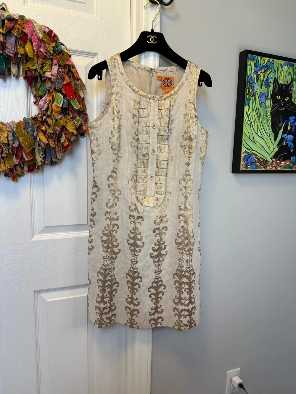 Tory Burch Cream Sheath Dress with Gold Brocade Accents 4 - Picture 4 of 10